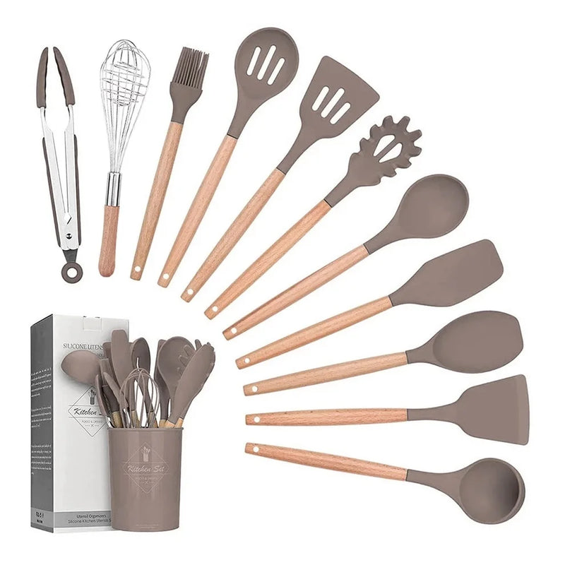 Kit Utensílios De Cozinha Em Silicone E Cabo Madeira